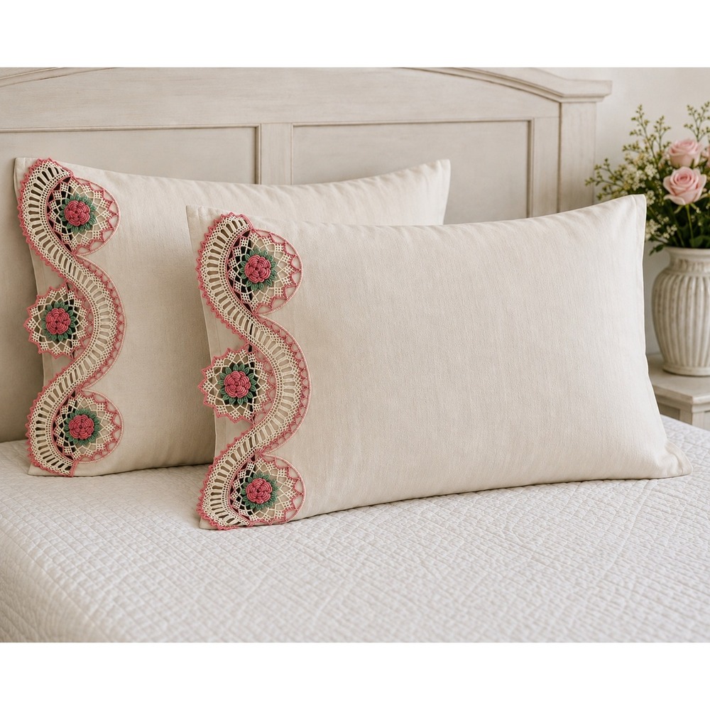 Vintage Handmade Crochet Rose Queen Pillow Shams Set 2 Linen Blend Cottage